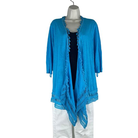 Chico's Linen Blend Tassel Trim Open Front Cardigan Lace Hem Size XLP - Picture 1 of 10